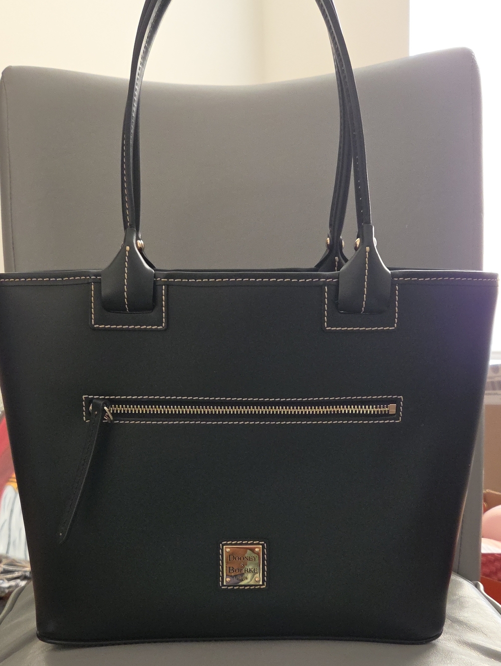 Dooney & Bourke Black Leather Tote with Contrast Stitching